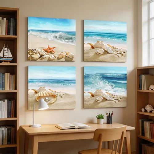 Miniatura 2 de Sandy Beach Shells - Lienzo con diseño de estrellas de mar y conchas de playa, arte de pared moderno, enmarcado para decoración de oficina en casa