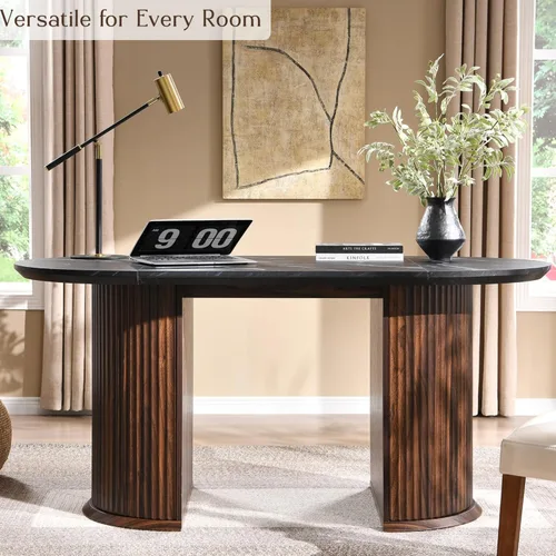 Miniatura 8 de T4TREAM Mesa de comedor ovalada acanalada de 63 pulgadas para 4-6, mesa de cocina moderna de mediados de siglo con borde grueso y base