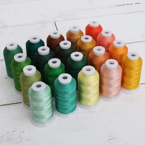 Threadart Juego de 20 hilos de bordado de rayón cono, colores amarillo/verde, conos de 3,280.8 ft, 40 peso, para coser hermosas puntadas decorativas
