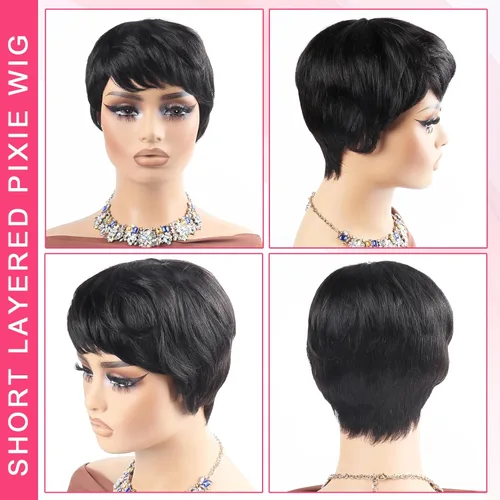 Miniatura 4 de Peluca de cabello humano con corte Pixie para mujeres negras, 100% cabello humano real, peluca corta y recta sin pegamento con flequillo, hecha a
