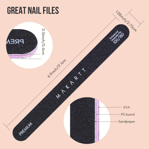 Miniatura 6 de Makartt Lima de uñas, tablas de esmeril de grano 100/180 para uñas, kit profesional de limas de doble cara lavables para lima de uñas media y suave