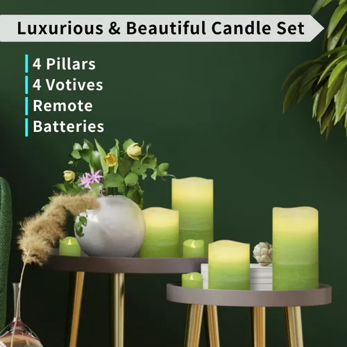 Miniatura 5 de FURORA LIGHTING Velas sin llama verde ombré, cera real, brillo ajustable, control remoto y temporizador, 4 pilares (3 x 4, 3 x 6) y 4 votivos