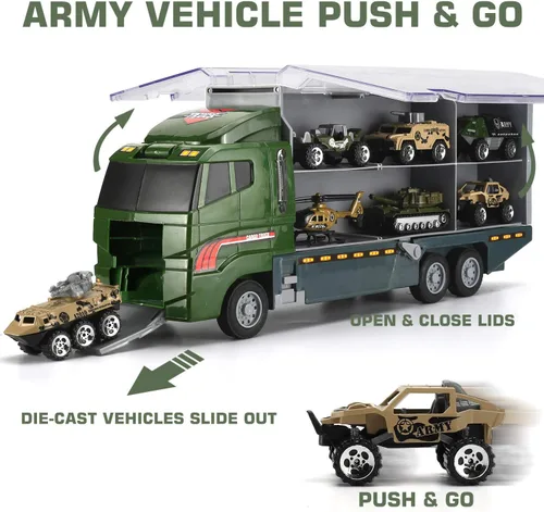 Miniatura 5 de 26 piezas de camiones militares con soldados de juguete (2 en 1), mini coche de batalla fundido en camión transportador, juguete de ejército