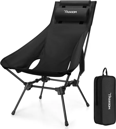 Trakiom Silla de camping plegable con respaldo alto, asiento ampliado y silla portátil negra ligera con diseño estable, soporte de cabeza ajustable
