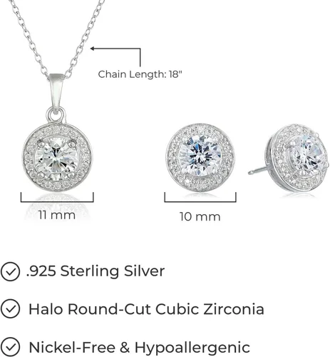 Miniatura 6 de Conjunto de joyas, plata esterlina, corte circular, zirconia cúbica, aretes con borde y collar con dije, 18 pulgadas.