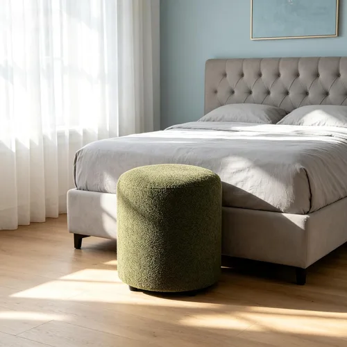 Miniatura 7 de YDcosyfy Otomana redonda moderna, otomana clásica, taburete tapizado de vellón de peluche para maquillaje, dormitorio, sala de estar, verde oscuro