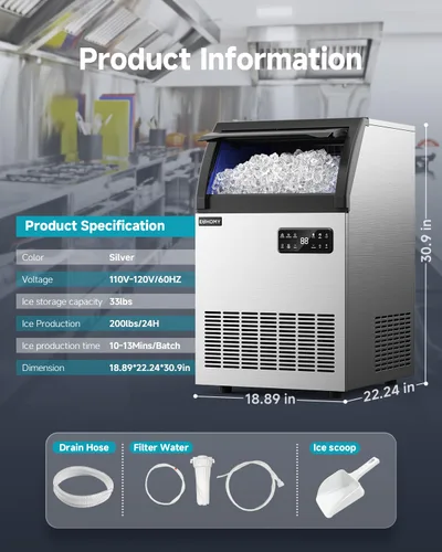 Miniatura 8 de EUHOMY Máquina de hielo comercial, 200 libras/24 horas, máquina de hielo de acero inoxidable debajo del mostrador con filtro de agua, capacidad