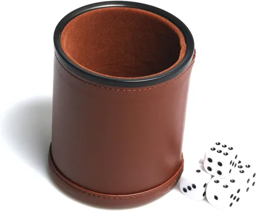Miniatura 2 de Juego de copa de dados de cuero con forro de fieltro, agitador silencioso con 5 dados de puntos para juegos Farkle Yahtzee, marrón