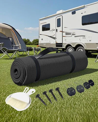 Miniatura 9 de FoundGo Alfombra para toldo de polietileno de alta densidad con ojales, clavos, escoba, para caravana, patio, patio trasero, picnic, playa, Gris