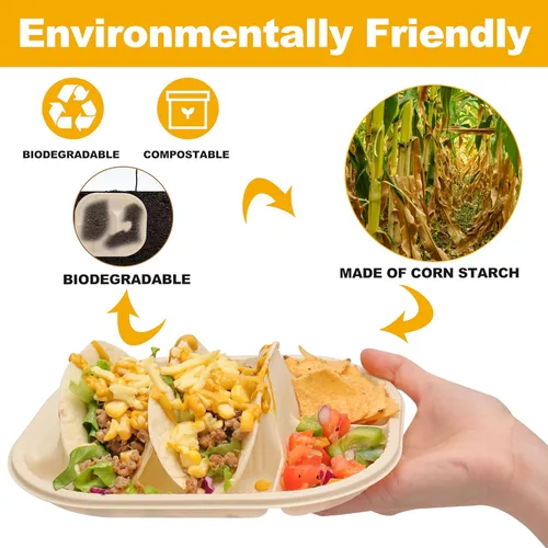 Miniatura 4 de LUVCOSY Paquete de 50 Soportes Desechables para Tacos con Compartimentos para Salsas, Platos Biodegradables de Almidón de Maíz para Tacos