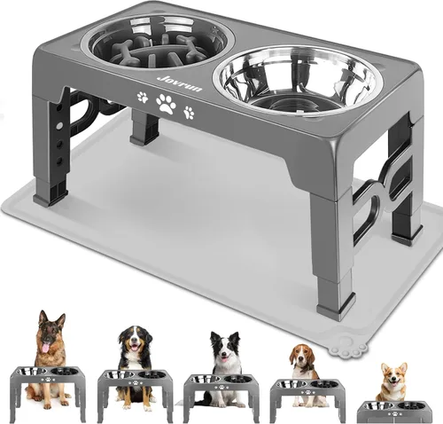Miniatura 8 de Jovrun Cuencos Elevados para Perros, Comedero para Perros con Platos de Acero Inoxidable y Cuenco de Alimentación Lenta, Soporte Elevado Ajustable