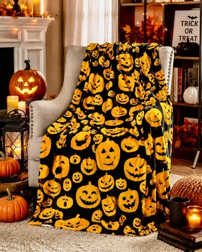 Miniatura 14 de Manta de forro polar de Halloween: telaraña, sombrero de bruja, murciélagos negros, calabazas naranjas, franela suave y cálida para cama, sofá