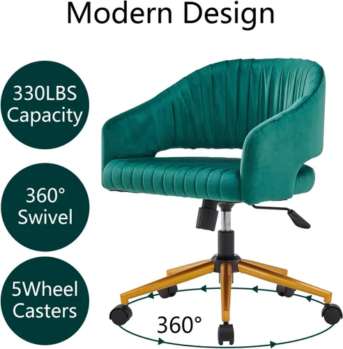 Miniatura 2 de Silla de oficina en casa, silla de escritorio giratoria de terciopelo, moderna y bonita silla de escritorio verde con base dorada para niñas