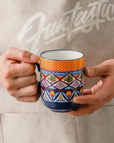 Miniatura 6 de HENXFEN LEAD Juego de 6 tazas de café bohemias de cerámica, tazas coloridas de 14 onzas para té, café con leche y chocolate caliente, aptas
