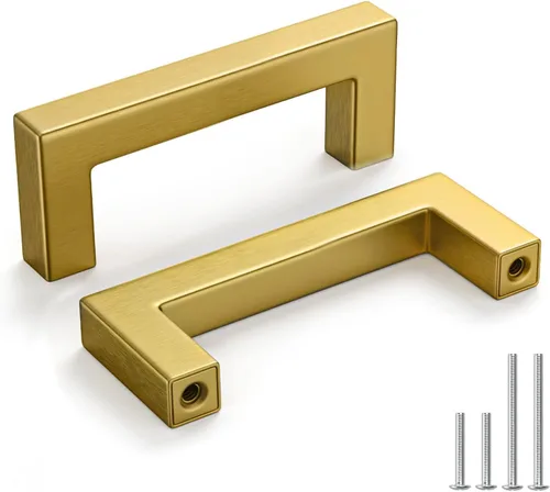 Homdiy Paquete de 6 tiradores de bronce cepillado de 3 pulgadas, dorados, cuadrados, herrajes para gabinete, armario de cocina; 3 pulgadas entre