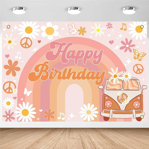 Miniatura 8 de Avezano Groovy - Cartel de cumpleaños para decoración de fiesta de cumpleaños retro hippie para niñas, margarita, bohemio, arco iris, fondo