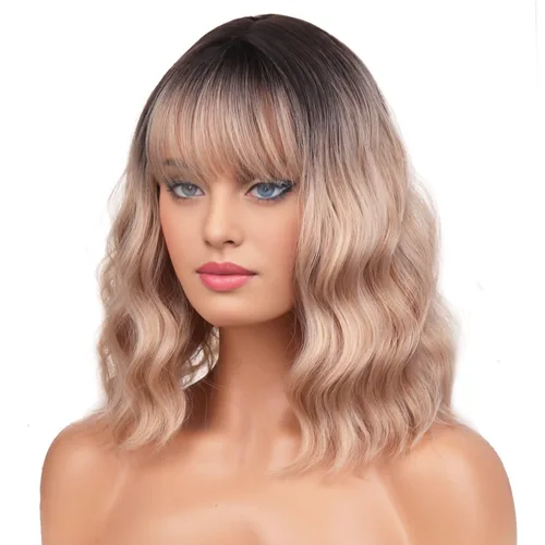Miniatura 31 de BERON 14 Inches Ash Blonde Wig with Bangs Short Curly Wig Short Ash Blonde Bob Synthetic Wigs for Women Daily Halloween Party or Cosplay Hairnet
