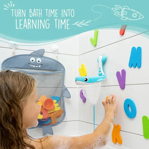 Miniatura 4 de Comfylife Organizador de juguetes de baño para bebé, tiburón, 36 letras y números de baño, red de almacenamiento de juguetes de baño adicional y 10