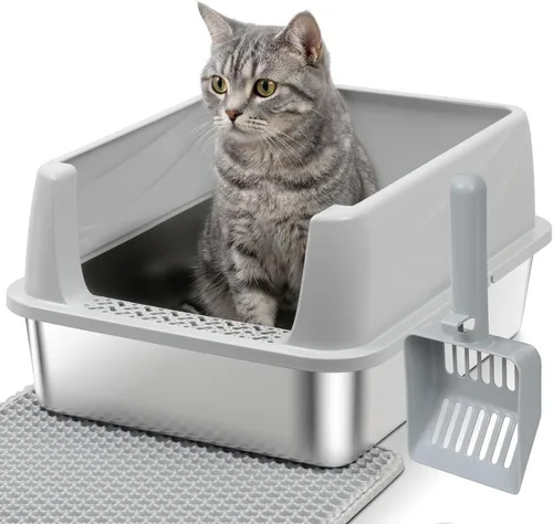 Caja de arena de acero inoxidable con tapa, caja de arena de metal para gatitos, cajas de arena de entrada baja con pala y alfombra, caja de arena