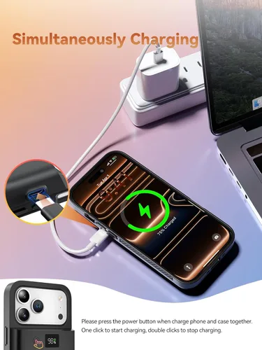 Miniatura 6 de PANDUK Funda de batería para iPhone 17 Pro Max, 9300mAh USB-C Banco de energía portátil 20 W PD Carga rápida Carga inalámbrica