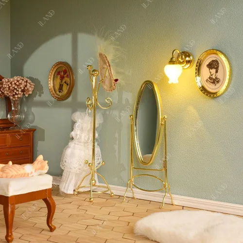 Miniatura 6 de iLAND Muebles y accesorios para casa de muñecas a escala 1:12, perchero en miniatura y espejo completo (color dorado)