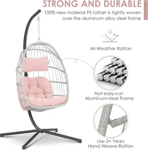 Miniatura 5 de Brafab Silla de huevo rosa con soporte para interior y exterior, silla colgante de mimbre para patio con soporte, silla de hamaca de huevo con cojín