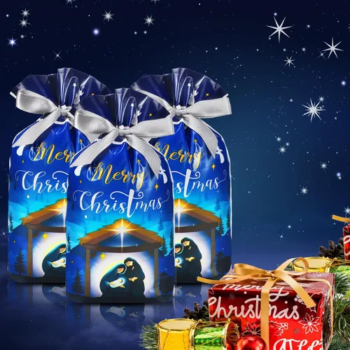 Miniatura 4 de Funrous 50 piezas de bolsas de regalo de Natividad - Bolsas de Navidad con cordón de plástico con lazos para regalos religiosos, Navidad, presentes