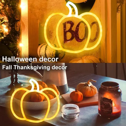 Miniatura 6 de Luces de neón de calabaza para decoración de Halloween, paquete de 2 lindas luces de Acción de Gracias naranja y verde para el hogar, funciona