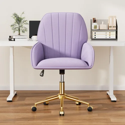 Miniatura 7 de Silla de escritorio para oficina en casa cómoda con ruedas giratorias ajustables, silla moderna de terciopelo para maquillaje con respaldo y Púrpura