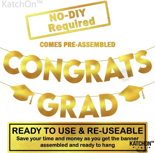 Miniatura 2 de KatchOn, Banner de graduación de felicitaciones doradas y negras con purpurina, 10 pies, pancarta de graduación dorada y negra, guirnalda de gorra