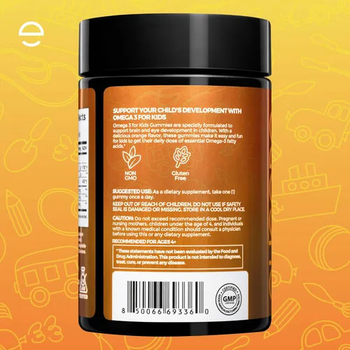Miniatura 9 de Gomitas Omega 3 prémium para niños, aceite de pescado con sabor a naranja para niños, gomitas Omega 3 para niños, sin eructos de pescado, apoyo