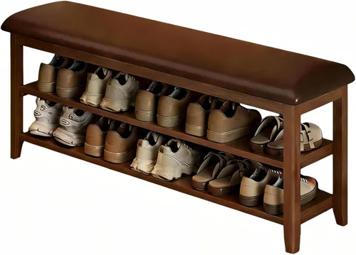 Miniatura 9 de Banco de zapatos con cojín de cuero, banco de entrada de madera maciza rústica con 2 estantes ajustables en altura y extraíbles para pasillo, sala