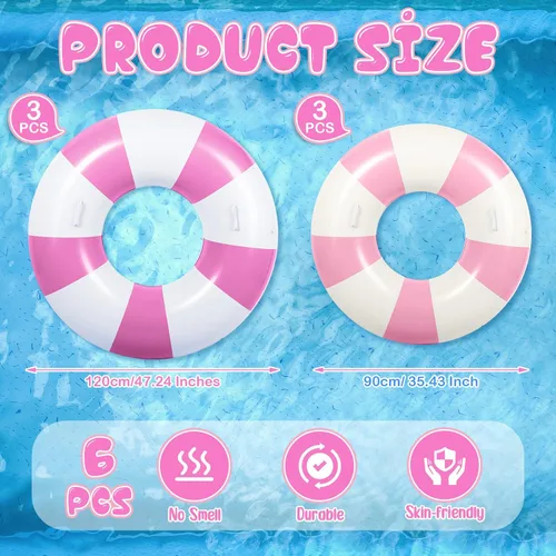 Miniatura 2 de Flotador inflable a rayas para piscina, 6 unidades, anillo de natación grande con asas de 47.24 pulgadas, 35.43 pulgadas, tubos interiores