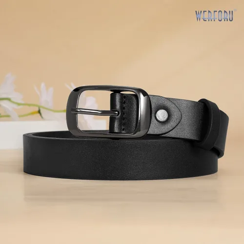 Miniatura 4 de WERFORU Cinturón de cuero negro para mujer, hebilla pulida de talla grande para pantalones vaqueros