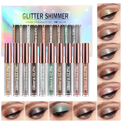 LANGMANNI 10 sombras de ojos con purpurina líquida, juego de maquillaje metálico brillante a prueba de sudor, polvo de mezcla altamente pigmentado