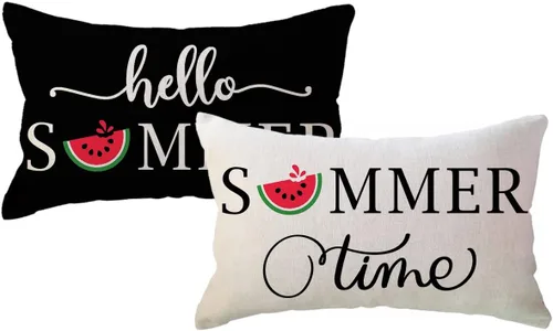 ULOVE LOVE YOURSELF Hello Summer - Juego de 2 fundas de almohada lumbar de 12 x 20 pulgadas, fundas de almohada decorativas de verano de sandía Negro
