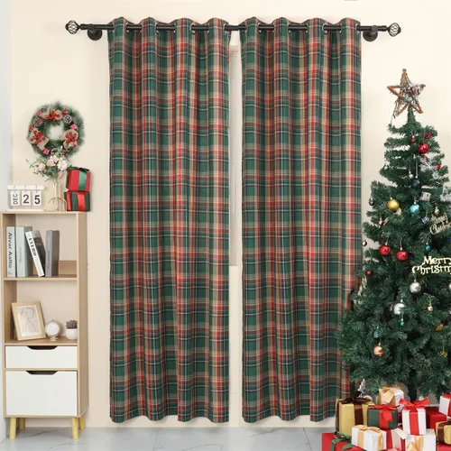 Juego de cortinas tartán de 2 cortinas escocesas clásicas semi opacas con ojales en la parte superior, lavables a máquina, verde y rojo 52" de ancho