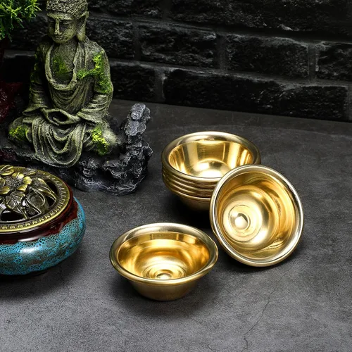 Miniatura 7 de Juego de 7 tazas budistas de agua de 2.75 pulgadas, cuencos de altar de latón para adoración del templo, rituales sagrados y uso decorativo