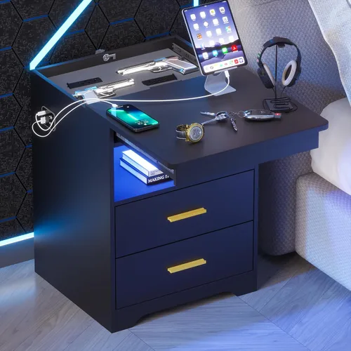 Miniatura 8 de Gurexl Juego de 2 mesitas de noche con estación de carga para dormitorio, mesa auxiliar con cajón secreto para armas, moderna mesa auxiliar LED