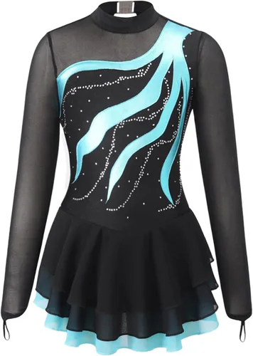 Miniatura 5 de Loyan Vestido de patinaje artístico brillante para niñas y niñas, de malla, de manga larga, patinaje sobre ruedas, competición de baile