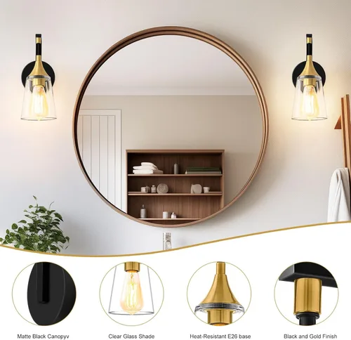 Miniatura 2 de Lámpara de pared de baño de 1 luz, lámpara de pared negra y dorada con pantalla de vidrio transparente, lámpara de pared moderna para interiores