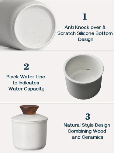 Miniatura 5 de DOWAN Mantequillera francesa para encimera, plato de mantequilla de cerámica con línea de agua, recipiente de mantequilla de porcelana para Gris
