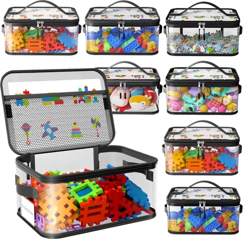 Paquete de 8 bolsas grandes de almacenamiento de juguetes con etiquetas, almacenamiento reutilizable de PVC transparente, organizador de juguetes