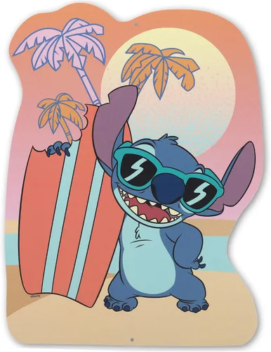 Miniatura 11 de Disney Lilo and Stitch - Letrero de metal para surfear, divertido arte de pared con olas de océano troqueladas y tabla de surf para decoración