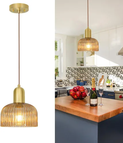 Lámpara colgante vintage, luces colgantes doradas para isla de cocina, lámpara colgante acanalada de latón con pantalla de vidrio ámbar, lámpara de
