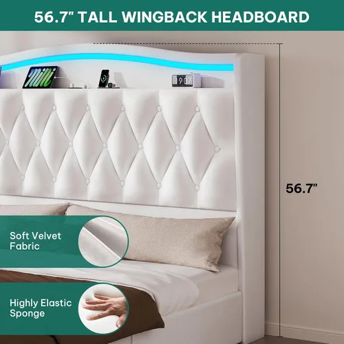 Miniatura 5 de YITAHOME Base de cama tamaño King con 4 cajones de almacenamiento y luces LED RGB, cama tapizada de terciopelo de 57 pulgadas de alto con estación