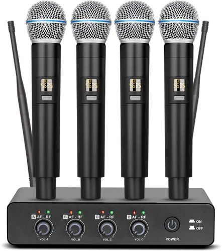 Depusheng R4 - Micrófonos inalámbricos para karaoke profesional, 4 canales, sistema de micrófono inalámbrico de mano, micrófono dinámico de metal