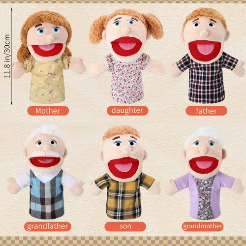 Miniatura 2 de Lenwen 6 piezas de marionetas de miembros de la familia de felpa suave para narración, juego, enseñanza, regalos para Navidad (piel clara)