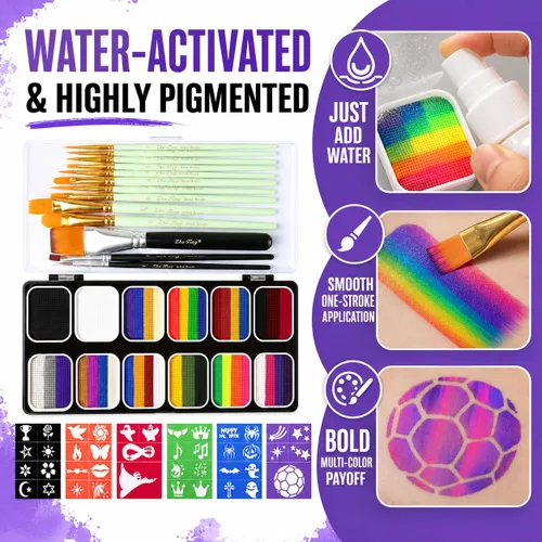 Miniatura 5 de SPRINGSKY Kit de pintura facial de 39 colores: kit profesional de pintura facial con 6 plantillas y 13 pinceles, kit de maquillaje de pintura facial