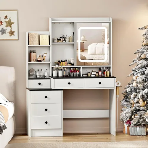 Miniatura 7 de Tocador blanco con espejo y luces LED, juego grande de mesa de maquillaje con 2 gabinetes de exhibición, 6 cajones y 2 gabinetes de almacenamiento